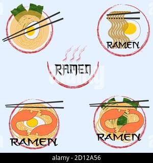 ramen creativo con logo minimal. gamberi d'uovo alle alghe gamberi e tagliatelle Illustrazione Vettoriale