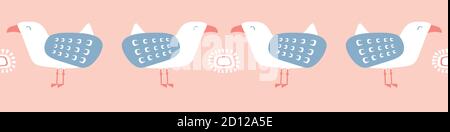 Design con motivo a bordo di Seagull e Sunshine. Carino vettore senza giunture ripetere l'illustrazione di seabird. Illustrazione Vettoriale