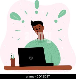 Vettore cartoon illustrazione del ragazzo nero africano blogging in internet, imparare o piying gioco. Un punto esclamativo intorno a lei. E-learning, lavoro a distanza Illustrazione Vettoriale