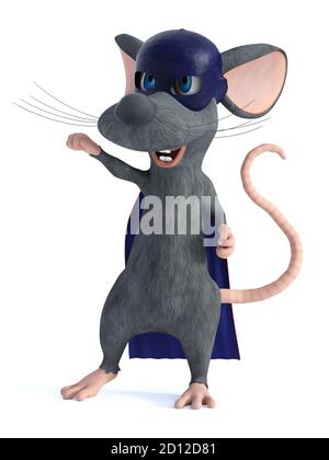 Rendering 3D di un simpatico mouse fumetto sorridente vestito da super eroe con maschera blu e mantello. Sfondo bianco. Foto Stock