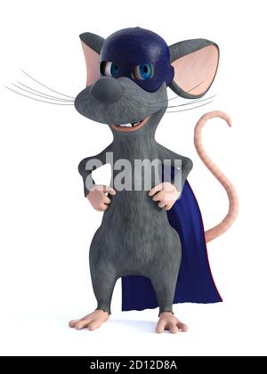 Rendering 3D di un simpatico mouse fumetto sorridente vestito da super eroe con maschera blu e mantello. Sfondo bianco. Foto Stock