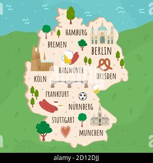 Cartoni animati della Germania. Viaggia con un'illustrazione dei monumenti storici tedeschi, degli edifici, del cibo e delle piante. Infografiche turistiche divertenti. Simboli nazionali. Famoso Illustrazione Vettoriale