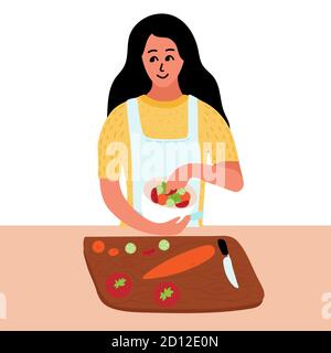 Blogger per alimenti con tagliere isolato. Chef femmina fare insalata. Cucinare cibo sano a casa. Pasti fatti in casa. Illustrazione vettoriale. Illustrazione Vettoriale