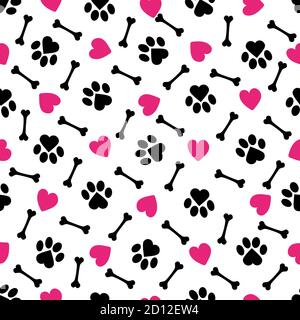 Carino zampa di cane, cuori e pattern osso di cane - divertente vettore disegno modello senza giunture. Poster con lettere o t-shirt con grafica in tessuto. Cute illustrati Illustrazione Vettoriale