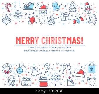 Buon biglietto d'auguri di Natale. Banner con icone colorate. Sfondo vettoriale con simboli delle linee di vacanza e spazio di copia per il testo. Illustrazione Vettoriale