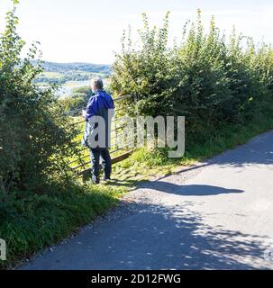 Uomo al punto di vista che guarda sulla valle di Chew e lago artificiale Blagdon, Nempnet Thrubwell, Somerset, Inghilterra, Regno Unito Foto Stock