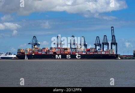 Navi portacontainer scaricate e caricate a Felixstowe Port, Essex, Inghilterra Foto Stock