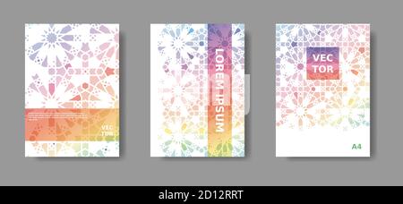 Vector A4 flyer, report, catalogo, rivista, report cover set.Annual report geometric set. Design colorato con disintegrazione a mosaico Illustrazione Vettoriale