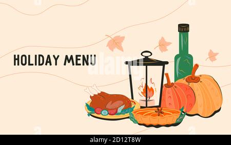 Banner menu autunno con piatti del Ringraziamento e Halloween, illustrazione vettoriale. Illustrazione Vettoriale