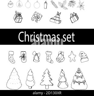 Elementi a doodle disegnati a mano per il design natalizio. Banner natalizio cartoni animati in bianco e nero. Illustrazione Vettoriale