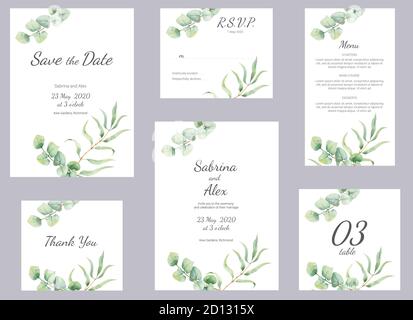 Acquerello eucapipto invito di nozze. Imposta con invito, Salva la data, carta di ringraziamento, RSVP, menu e numero di tabella su sfondo di marmo bianco. Set per matrimoni Foto Stock