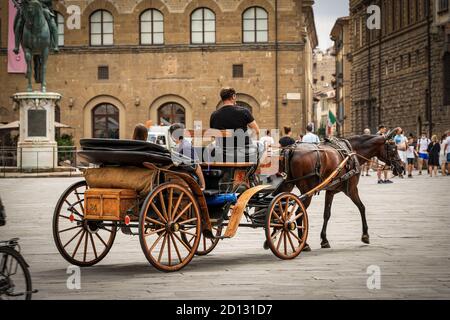 Tour panoramico in carrozza trainata da cavalli nel centro di Firenze, Piazza della Signoria, Toscana, Italia, Europa Foto Stock