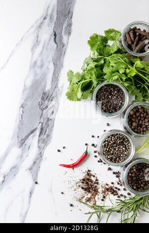 Varietà di peperoncini nero il pepe della Giamaica, pimento, lungo il pepe, i monaci pepe, grani di pepe in vasetti di vetro, peperoncino e erbe aromatiche fresche nella piastra su Foto Stock