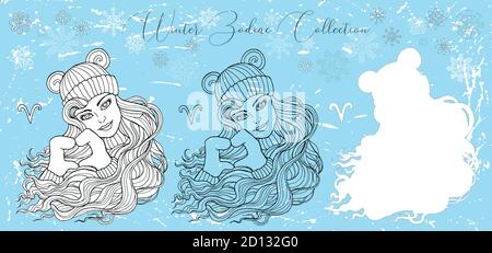 Doodle Set con il simbolo zodiaco aries. Ragazza che indossa mitens mostrando segno del cuore contro sfondo nevoso. Illustrazione invernale disegnata a mano da un vettore, linea d'arte Illustrazione Vettoriale