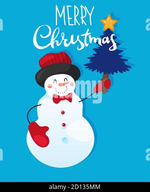 Buon Natale e Felice Anno Nuovo. Simpatico pupazzo di neve con un albero di Natale su sfondo blu con testo. Saluti stagionali. Illustrazione vettoriale piatta Illustrazione Vettoriale