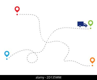 percorso di auto su linea tratteggiata, traccia tratteggiata e la direzione del traffico. Il carrello va da un punto all'altro. Illustrazione Vettoriale