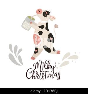 Natale carino vacca cartone animato. Poster vettoriale con scritta disegnata a mano - Natale lattiginoso. Fumetto animale con latte, biglietto d'auguri e stampa di abbigliamento su bianco. Anno nuovo 2021. Illustrazione Vettoriale