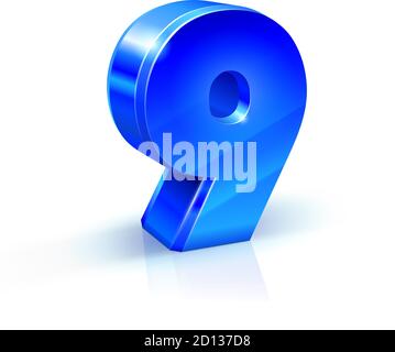 Numero 9 blu lucido. Illustrazione 3d su sfondo bianco. Illustrazione Vettoriale