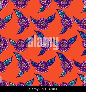 Motivo vintage floreale disegnato a mano senza cuciture con fiori e foglie. Favolosi fiori viola e foglie blu su sfondo rosso. Tropicale senza giunture Illustrazione Vettoriale