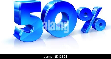 Blu lucido 50 50% di sconto, vendita. Isolato su sfondo bianco, oggetto 3D. Illustrazione Vettoriale