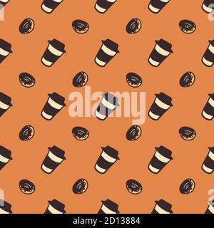 Sfondo senza cuciture con un motivo di una tazza di caffè e deliziose ciambelle. Attributi caffè colore disegno a mano motivo senza giunture. Schizzo di caffè Illustrazione Vettoriale