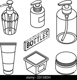 Set di cosmetici a linea per la cura della pelle. Icone delle bottiglie cosmetiche e della confezione. Bottiglie per shampoo, creme, tonico, maschera, sapone, gel Illustrazione Vettoriale