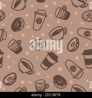 Sfondo senza cuciture con un motivo di una tazza di caffè e deliziose ciambelle. Attributi caffè colore disegno a mano motivo senza giunture. Schizzo di caffè Illustrazione Vettoriale
