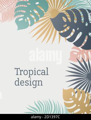 Modello di foglia tropicale in colori pastello. Design tropicale estivo con foglie esotiche di palma. Monstera, palma, foglie di banana. Design botanico esotico Illustrazione Vettoriale