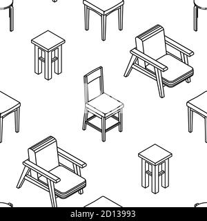 Motivo senza cuciture con sedie isometriche tracciate a linee. Sfondo bianco. Illustrazione Vettoriale