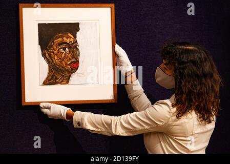 Londra, Regno Unito. 5 Ott 2020. 'Ritratto' di Amoako Boafo, preventivo £15,000- 20,000 Anteprima stampa della vendita di arte africana moderna e contemporanea alla casa d'aste di Bonhams. L'asta si terrà l'8 ottobre. Credit: Mark Thomas/Alamy Live News Foto Stock