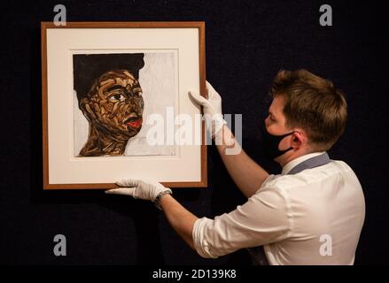 Londra, Regno Unito. 5 Ott 2020. 'Ritratto' di Amoako Boafo, preventivo £15,000- 20,000 Anteprima stampa di vendita di arte africana moderna e contemporanea presso la Casa d'aste di Bonhams l'8 ottobre. Credit: Mark Thomas/Alamy Live News Foto Stock