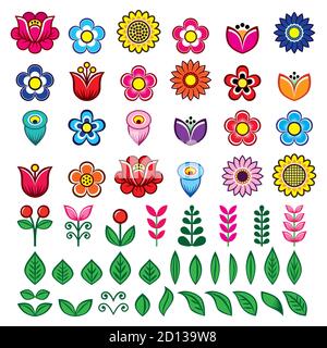 Set di design a vettore con fiori e foglie popolari, elementi grafici floreali retrò ispirati a motivi di ricamo folk polacchi. Perfetto per stampe su tessuto Illustrazione Vettoriale