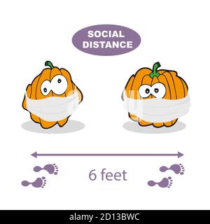 Distanza sociale. Illustrazione vettoriale su sfondo bianco. Zucca che indossa una maschera facciale. Virus Covid-19, vettore di Halloween Illustrazione Vettoriale