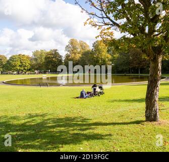 Canottaggio stagno lago in Victoria Park, Newbury, Berkshire, Inghilterra, Regno Unito Foto Stock