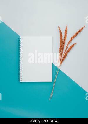 Quaderno a spirale vuoto con decorazione a fiori secchi su sfondo bianco e ciano. Foto Stock