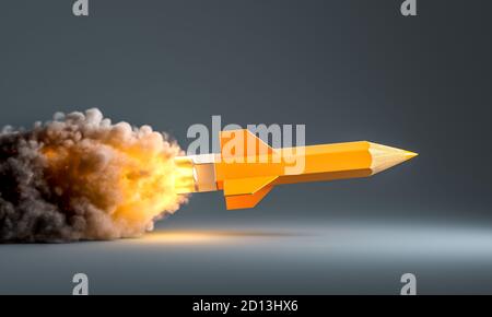 il razzo a matita con fumo e fiamme prende il volo. Concetto di creatività e brainstorming Foto Stock