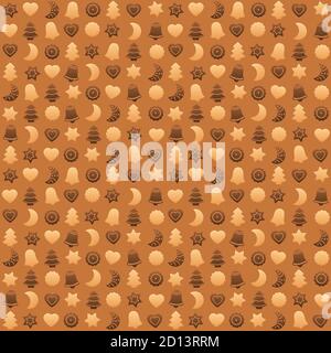 Carta da parati con biscotti natalizi, shortbread e simboli di pan di zenzero, forme tipiche come alberi di natale, cuori, stelle, lune, campane. Espandibile senza interruzioni. Foto Stock