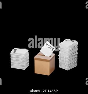 Scrutinio, inserimento di carta di voto, elezione generale democratica, illustrazione 3d, rendering cgi, visualizzazione, sfondo nero, spazio di copia Foto Stock