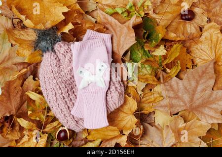 Ciao ottobre. Autunno piatto con foglie, castagne, cappello e sciarpa. Foto Stock