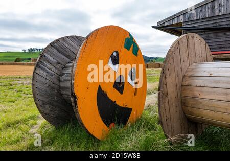 La faccia della zucca felice di Halloween è dipinta sulla ruota del cavo o sul tamburo in patch field, East Lothian, Scozia, Regno Unito Foto Stock