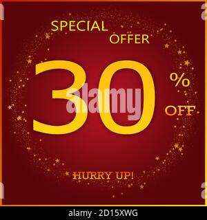 Offerta speciale 30% di sconto affrettati: Testo giallo dorato di lusso su sfondo marrone per sconti di Natale e Capodanno. Foto Stock