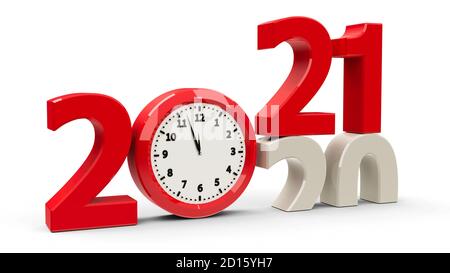 2020-2021 il cambio con quadrante dell'orologio rappresenta il nuovo anno 2021, rendering tridimensionale, illustrazione 3D Foto Stock