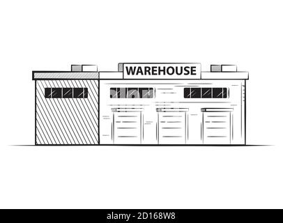 Magazzino disegnato a mano building.Vector illustrazione inchiostro nero. Illustrazione Vettoriale