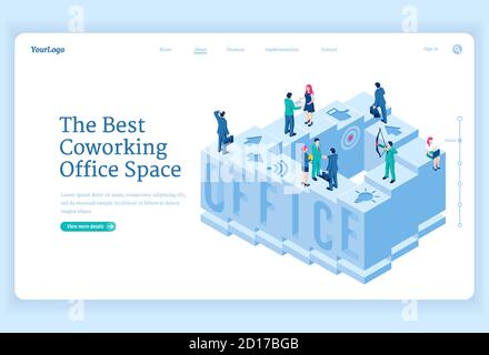 Pagina di destinazione isometrica dello spazio ufficio per il lavoro di coworking. Gli uomini d'affari lavorano, comunicano, sviluppano nuovi progetti e idee in un'area speciale per la cooperazione e l'attività di team, banner web vettoriale 3d Illustrazione Vettoriale