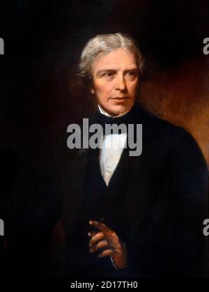 Michael Faraday (1791-1867), ritratto di Alexander Blaikley (1816-1903), olio su tela, 1840. Faraday fu uno scienziato inglese che contribuì allo studio dell'elettromagnetismo e dell'elettrochimica. Foto Stock