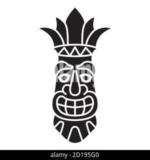 Maschera tiki polinesiana sorridente silhouette isolata su sfondo bianco. Maschera tribale hawaiana. Illustrazione Vettoriale