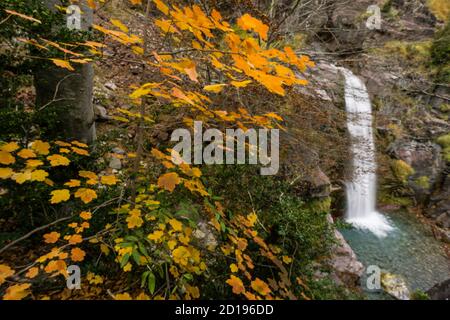 Cascada en el rio Cinca, valle de Pineta, Parque nacional de Ordesa y Monte Perdido, Provincia de Huesca, Comunidad Autónoma de Aragón, cordillera de Foto Stock