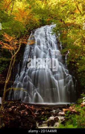 I colori autunnali circondano le Cascate di Crabtree sulla Blue Ridge parkway vicino ad Asheville, Carolina del Nord Foto Stock