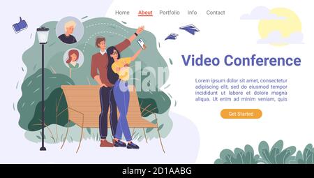 App mobile per la landing page delle videoconferenze Illustrazione Vettoriale