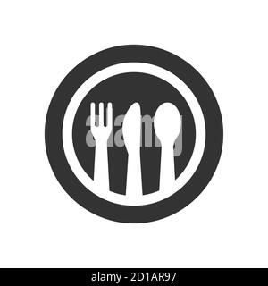 Icona a cucchiaio, coltello, forchetta e vettore di piastra. Pasto, simbolo del glifo del logo del ristorante. Illustrazione Vettoriale